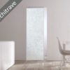 Modern interior with an ECLISSE Syntesis® 10mm Flush Glass Pocket Door System (plain or patterned glass, no architrave). Room features a white table, chairs, and light wood flooring. Frosted floral glass shown with diagonal label.