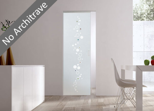 A modern room with an ECLISSE Syntesis® 10mm Flush Glass Pocket Door System in patterned frosted glass (no architrave), featuring white walls, light wood floors, a white table, and a white chair.