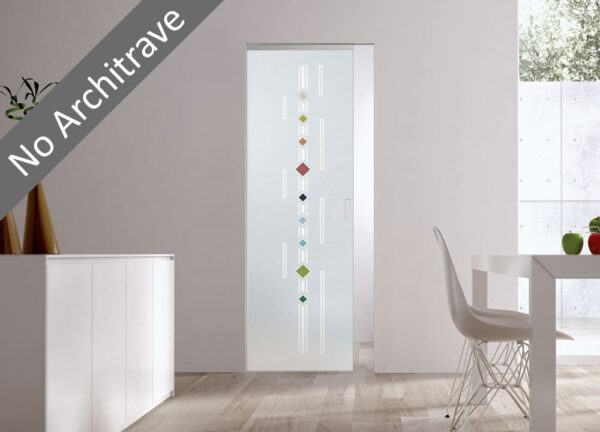 A modern room with a partially open ECLISSE Syntesis® 10mm Flush Glass Pocket Door System Plain or Patterned, showcasing colourful geometric designs and a No Architrave label in the top left. Minimalist decor: white walls, table, and chair.