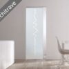 A modern interior with the ECLISSE Syntesis® 10mm Flush Glass Pocket Door System (patterned frosted glass, no architrave), light wood floor, white walls, and a white dining table with chairs. Text overlay: No Architrave.