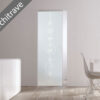 A modern interior features the ECLISSE Syntesis® 10mm Flush Glass Pocket Door System (Plain or Patterned) with geometric frosted glass, set in a plain white wall without architrave, beside a dining table and chairs. Grey banner: "No Architrave.