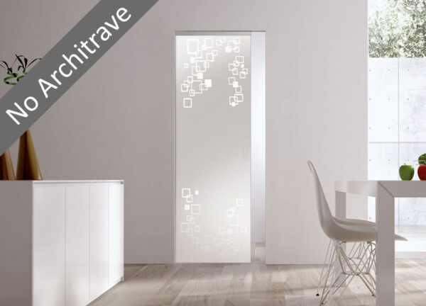 Modern interior with an ECLISSE Syntesis® 10mm Flush Glass Pocket Door System (patterned, “No Architrave”), partially open between a minimalist white dining room and another bright space.