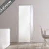 A modern, minimalistic room features a white ECLISSE sliding pocket door with no visible architrave. The space includes a white table, chair, and a window streaming in natural light. Text overlay reads No Architrave.