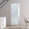 A modern interior with ECLISSE Syntesis® 10mm Flush Glass Pocket Door System (patterned glass). Architrave-free frame. White dining set on the right; light wood floors and white walls complete the clean look. Text: No Architrave.