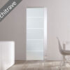 Minimalist interior featuring an ECLISSE Syntesis® 10mm Flush Glass Pocket Door System (plain frosted glass, no architrave). The room includes a white table, chair, and cupboard. A diagonal banner reads "No Architrave.