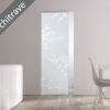 A modern interior showcases the ECLISSE Syntesis® 10mm Flush Glass Pocket Door System (Patterned) with frosted branches, leading to a bright room. "No Architrave" is displayed diagonally at the top left corner.