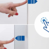 A person with red nail varnish shows how to use the Touch Latch for Classic Pocket Door System by hovering and then pressing a panel with a blue arrow. A hand-pressing-button icon appears on the right.