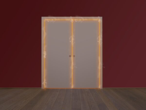 The ECLISSE Pocket Door System - Classic Double Fire-Rated is shown closed, with an orange glow and smoke seeping from its edges, set against a dark red wall and wooden floor.