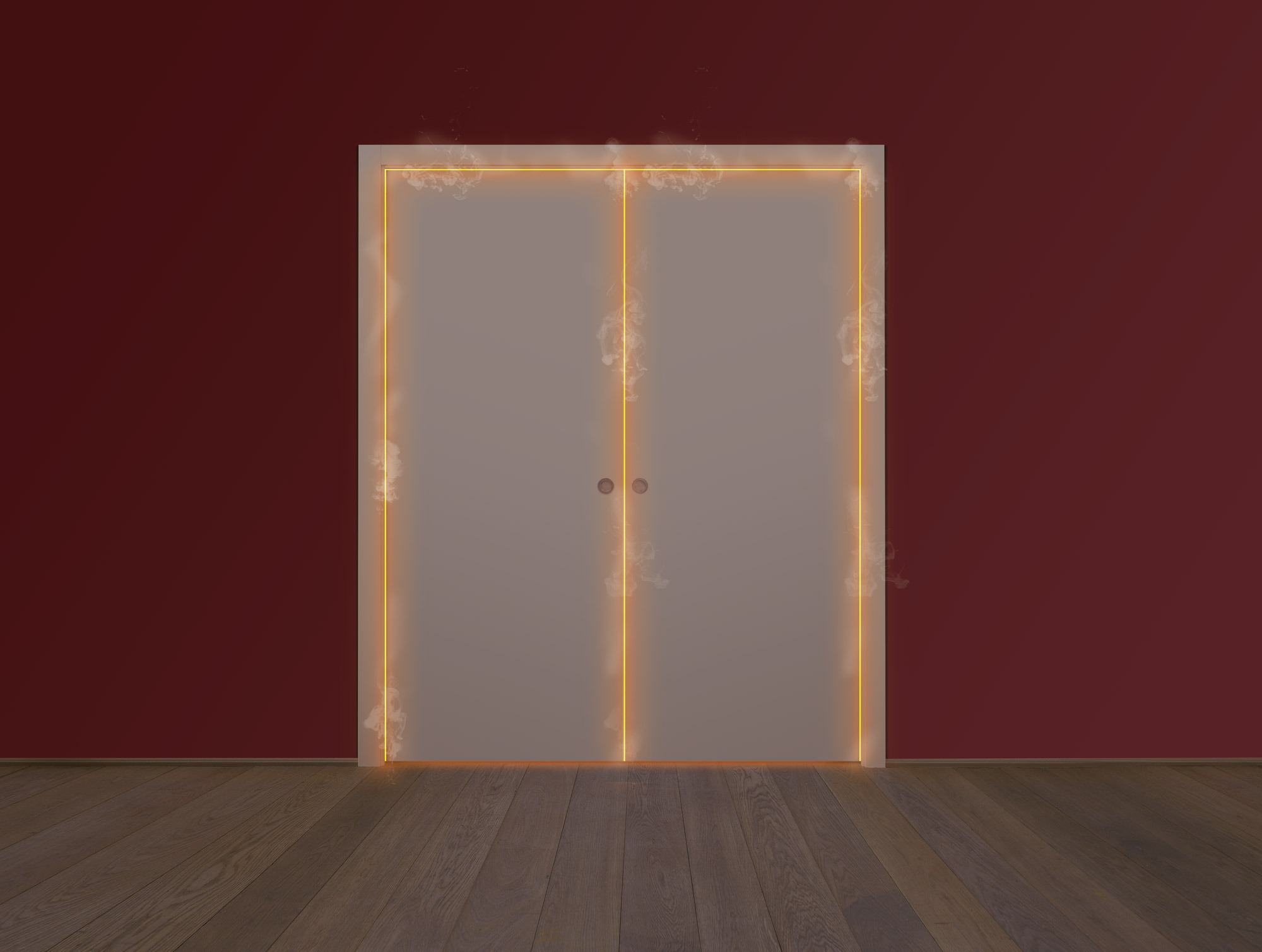 The ECLISSE Pocket Door System - Classic Double Fire-Rated is shown closed, with an orange glow and smoke seeping from its edges, set against a dark red wall and wooden floor.