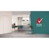 A modern living space with a kitchen and dining area in the background features a Rocket Door Frames - ULTRA Flush Hinged Fire green fire door labelled FD30 APPROVED on the right, and a plain white pocket door on the left.