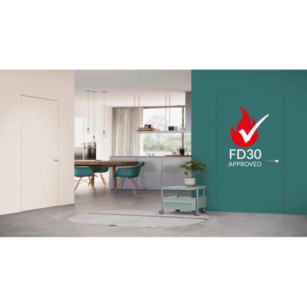 A modern living space with a kitchen and dining area in the background features a Rocket Door Frames - ULTRA Flush Hinged Fire green fire door labelled FD30 APPROVED on the right, and a plain white pocket door on the left.