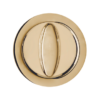 The AURA Round Lock Set for Sliding Pocket Door features a gold finish, round design, and central oval knob, ideal for pocket doors. Shown against a white background.