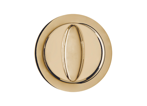 The AURA Round Lock Set for Sliding Pocket Door features a gold finish, round design, and central oval knob, ideal for pocket doors. Shown against a white background.