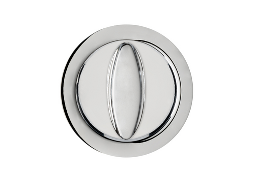 The AURA Round Lock Set For Sliding Pocket Door features a shiny silver, oval-shaped handle—ideal for ECLISSE Pocket Doors—shown from above on a white background.