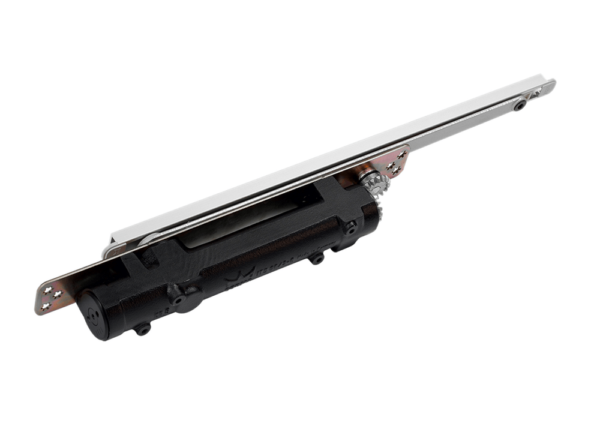 A black and silver ECLISSE Door Closer for Syntesis Flush Hinged Door, featuring a long metal faceplate, designed for installation in the edge of sliding or pocket doors.
