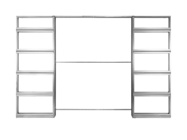Metal shelving unit with two vertical shelf columns on each side and an open centre, ideal for pairing with the ECLISSE Pocket Door System - Classic Double Fire-Rated. Silver frame, white background.