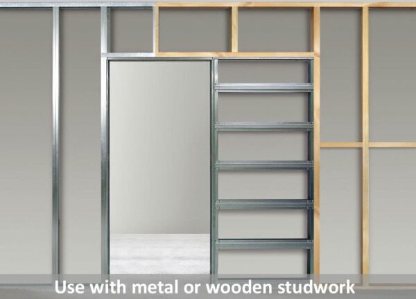 The ECLISSE Pocket Door System - Classic Single Glass Plain Satin 8mm installs in walls with metal or timber studwork, making it ideal for pocket door applications.