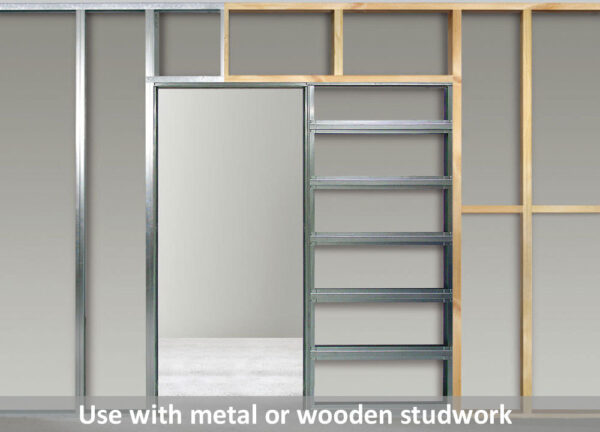 An ECLISSE Pocket Door System - Classic Double Plain Satin 8mm Glass with Stainless Steel Round Handle, shown installed in a wall, is compatible with metal or wooden studwork. Perfect for ECLISSE Pocket Doors.