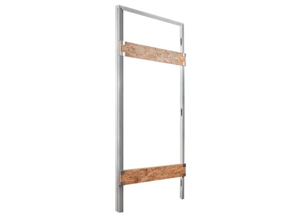 ECLISSE Door system - Syntesis® Hinged Single With Door features a metal frame with two horizontal wooden planks across the middle and lower sections, shown upright against a white background—perfect for ECLISSE sliding doors.