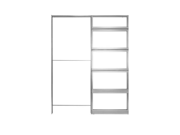 Metal wardrobe organiser frame featuring one open section on the left and five shelves on the right, shown without shelves or doors. Ideal for use with the ECLISSE Pocket Door System - Syntesis® Single. Displayed against a white background.
