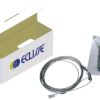 An open ECLISSE Telescopic Synchronisation Kit box sits next to a coiled metal cable and a sealed bag of screws and small parts, ideal for installing sliding or pocket doors, all shown on a white background.