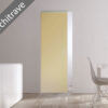 A modern room with an ECLISSE Syntesis® Flush (No Architrave) 10mm Glass Pocket Door System Coloured in pale yellow, set flush with the wall next to a white dining table and chair, sunlit from a nearby window.
