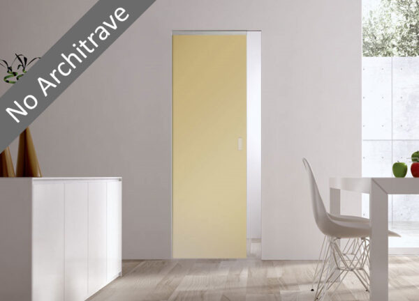 A modern room with an ECLISSE Syntesis® Flush (No Architrave) 10mm Glass Pocket Door System Coloured in pale yellow, set flush with the wall next to a white dining table and chair, sunlit from a nearby window.