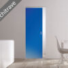 A modern interior features an ECLISSE Syntesis® Flush (No Architrave) 10mm Glass Pocket Door System Coloured in blue, seamlessly blending with a white wall. Minimalist white chair and table complete the look. Diagonal banner: No Architrave.
