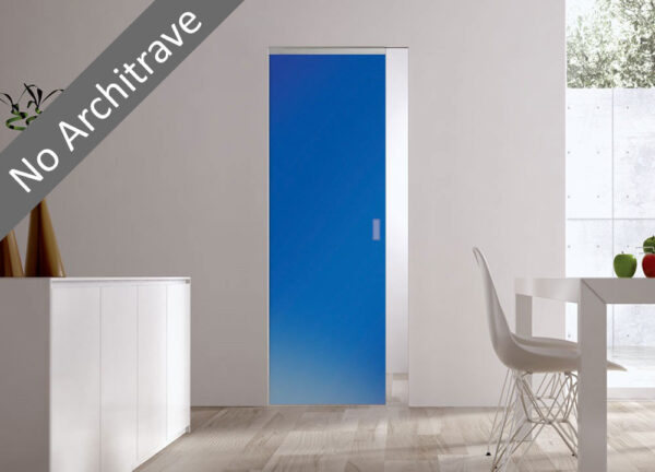 A modern interior features an ECLISSE Syntesis® Flush (No Architrave) 10mm Glass Pocket Door System Coloured in blue, seamlessly blending with a white wall. Minimalist white chair and table complete the look. Diagonal banner: No Architrave.