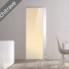 Minimalist room with white walls and wooden floor featuring an ECLISSE Syntesis® Flush (No Architrave) 10mm Glass Pocket Door System Coloured, modern white chair and table; sunlight streams in, emphasising the clean, simple aesthetic.