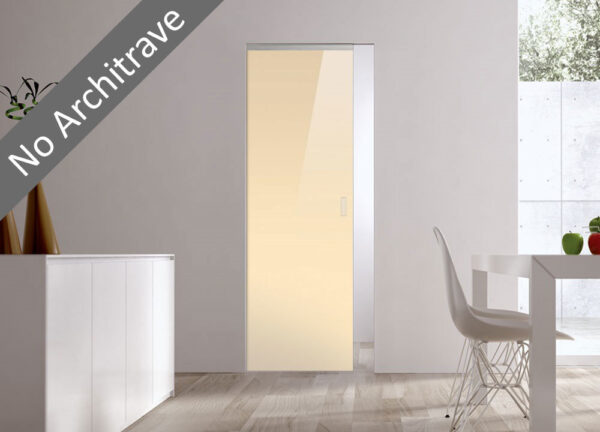 Minimalist room with white walls and wooden floor featuring an ECLISSE Syntesis® Flush (No Architrave) 10mm Glass Pocket Door System Coloured, modern white chair and table; sunlight streams in, emphasising the clean, simple aesthetic.