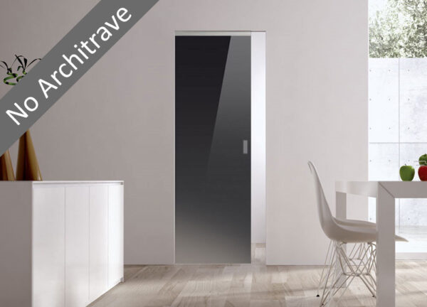 A modern space with light wood floors, white walls, and a sleek dining set features the ECLISSE Syntesis® Flush (No Architrave) 10mm Glass Pocket Door System Coloured. Diagonal banner: No Architrave—perfect for showcasing elegant Sliding Doors.