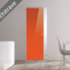 An ECLISSE Syntesis® Flush (No Architrave) 10mm Glass Pocket Door System Coloured in bright orange is partially open in a minimalist white room with wooden floors and a white dining table. Text overlay reads No Architrave.