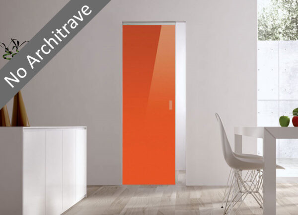 An ECLISSE Syntesis® Flush (No Architrave) 10mm Glass Pocket Door System Coloured in bright orange is partially open in a minimalist white room with wooden floors and a white dining table. Text overlay reads No Architrave.