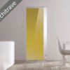 A modern interior with light wooden flooring features the ECLISSE Syntesis® Flush (No Architrave) 10mm Glass Pocket Door System Coloured in yellow, set in a white wall near a white dining table and chair. "No Architrave" is written diagonally across the door image.