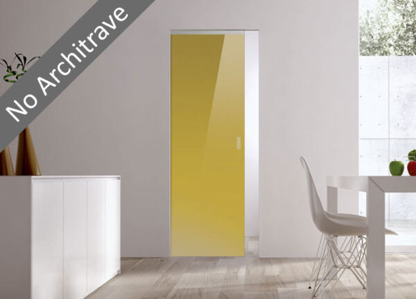 A modern interior with light wooden flooring features the ECLISSE Syntesis® Flush (No Architrave) 10mm Glass Pocket Door System Coloured in yellow, set in a white wall near a white dining table and chair. "No Architrave" is written diagonally across the door image.