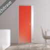 A modern room with a bright orange ECLISSE Syntesis® Flush (No Architrave) 10mm Glass Pocket Door System Coloured, set flush to the wall, labelled “No Architrave”, plus a white table, chair, and large window in the background.