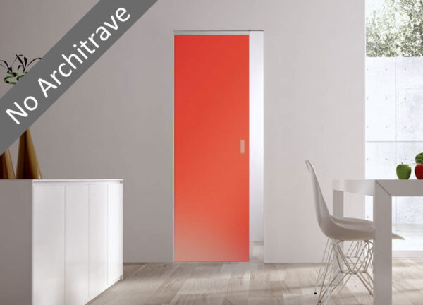 A modern room with a bright orange ECLISSE Syntesis® Flush (No Architrave) 10mm Glass Pocket Door System Coloured, set flush to the wall, labelled “No Architrave”, plus a white table, chair, and large window in the background.