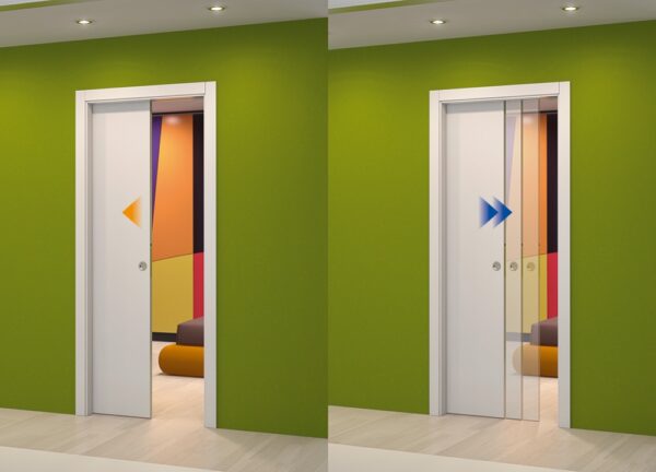 Two ECLISSE Self-Closing Systems for Pocket Doors, one opaque with an orange arrow and one transparent with a blue arrow, are set in a green wall and partially open to reveal a colourful room with curved furniture and shapes inside.
