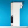 A white pocket door with an exposed ECLISSE Bias Soft Closer for Pocket Doors (Single) track is partially open against a bright blue wall, revealing a small stack of folded clothes in the adjoining room.