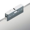 3D-rendered illustration of a rectangular metal component, possibly a mechanical bracket, mounted on an angled surface. The part is shown as used in the Eclisse Pocket Door System - CLASSIC SINGLE PLAIN GLASS SATIN 8mm 826X2040mm.