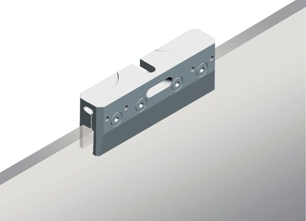 3D-rendered illustration of a rectangular metal component, possibly a mechanical bracket, mounted on an angled surface. The part is shown as used in the Eclisse Pocket Door System - CLASSIC SINGLE PLAIN GLASS SATIN 8mm 826X2040mm.