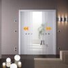 A modern room with ECLISSE Co-ordination Kit for Classic Double Door System, partially open to reveal a white bath and green plant, textured wall, glowing wall lights, round floor lights, and cube-shaped seating.