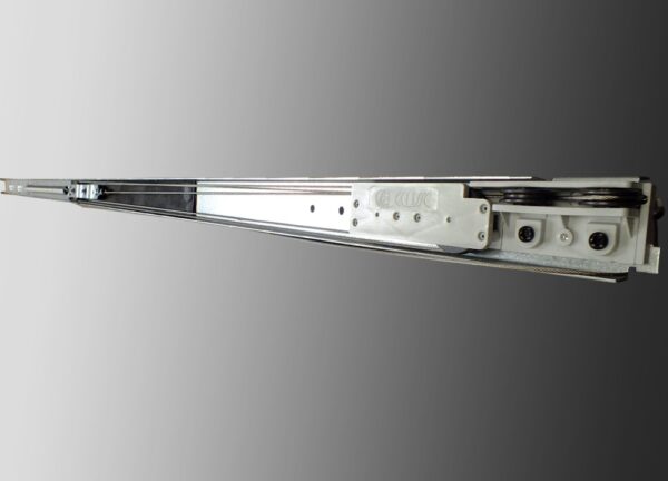 A close-up view of the ECLISSE Self-Closing System for Double Pocket Doors (Suitable for FD30), a metal linear slide used in pocket doors, shown against a gradient grey background.