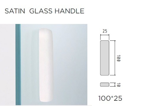 A satin glass handle is fitted vertically on the Eclisse Pocket Door System - CLASSIC SINGLE PLAIN GLASS SATIN 8mm 826x2040mm. The diagram shows the handle's dimensions: 100 mm long, 25 mm wide, and 10 mm thick.