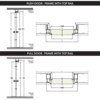 Diagram showing top and side views of door frames with top rails for push and pull doors, labelled with H, DH, H1 (push), DW, C (both), finished floor and ceiling—ideal for ECLISSE Door system - Syntesis® Hinged Single With Door.