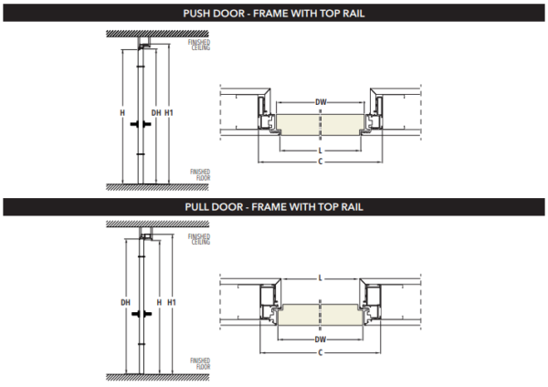 Diagram showing top and side views of door frames with top rails for push and pull doors, labelled with H, DH, H1 (push), DW, C (both), finished floor and ceiling—ideal for ECLISSE Door system - Syntesis® Hinged Single With Door.
