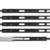 Five black linear tracks for the Classic Pocket Door System are arranged horizontally, with one featuring a Touch Latch—visible as a small silver mechanism on the left end. Each track has evenly spaced rectangular cut-outs.