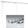 The ECLISSE Wall Mounted Sliding Door Kit-2m Track-Paris 1 is a frameless clear panel display system with a top horizontal rail, perfect for displaying graphics near pocket doors. Inset includes assembly parts, a rolled poster, and mounting fittings.