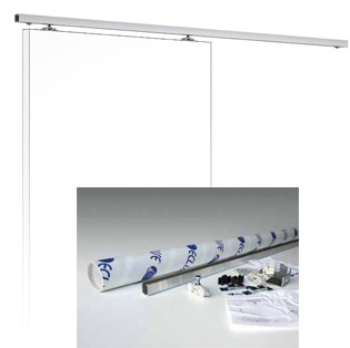 The ECLISSE Wall Mounted Sliding Door Kit-2m Track-Paris 1 is a frameless clear panel display system with a top horizontal rail, perfect for displaying graphics near pocket doors. Inset includes assembly parts, a rolled poster, and mounting fittings.